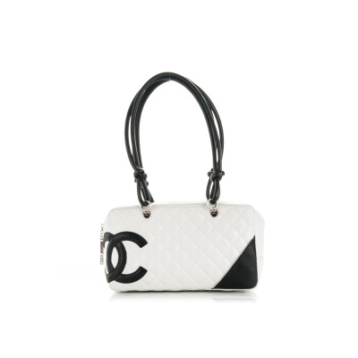 CHANEL CALFSKIN QUILTED LARGE CAMBON BOWLER WHITE BLACK 177008 (27*15*10cm)